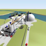 3D Modeling of bulk dry powder storage dome and loadout facility with truck, barge and rail access